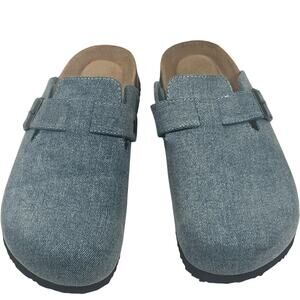 Emma New York Women's Denim Clogs Size 11M Cork Bed Slip-on Adj Buckle Mules